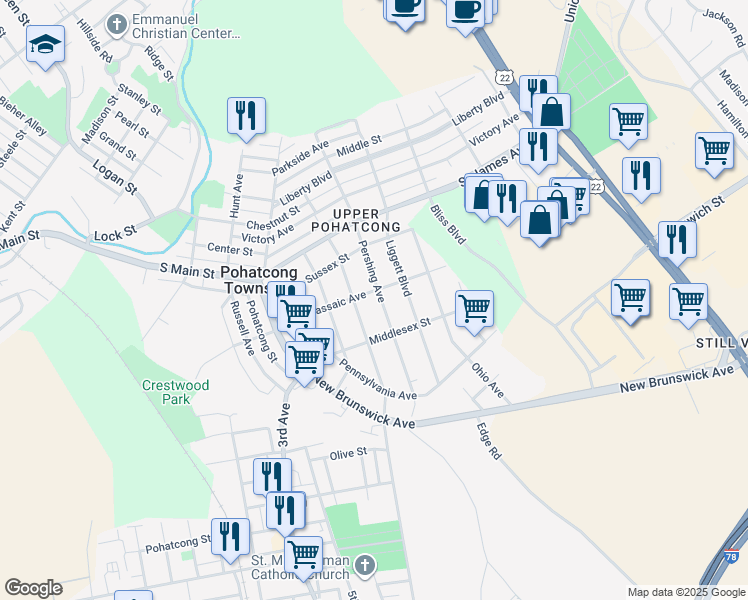 map of restaurants, bars, coffee shops, grocery stores, and more near 300 Pershing Avenue in Phillipsburg