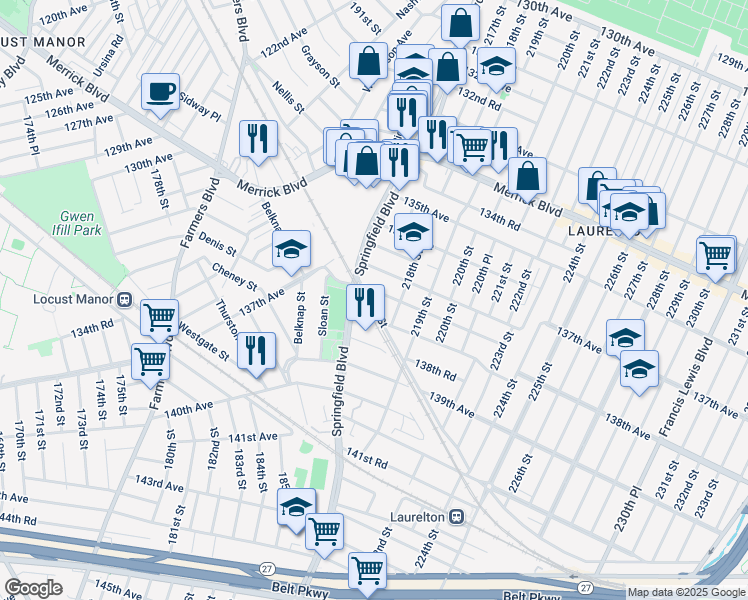 map of restaurants, bars, coffee shops, grocery stores, and more near 216-4 137th Road in Queens