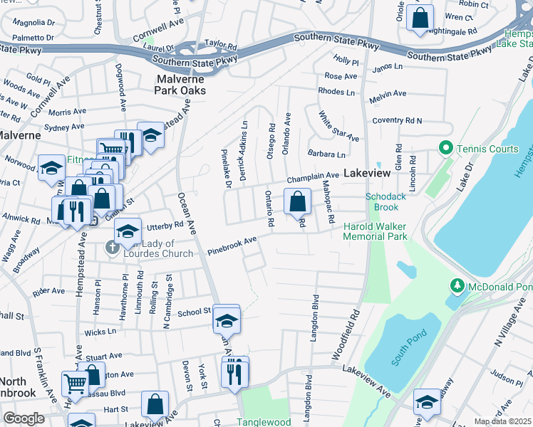 map of restaurants, bars, coffee shops, grocery stores, and more near 1050 Ontario Road in West Hempstead