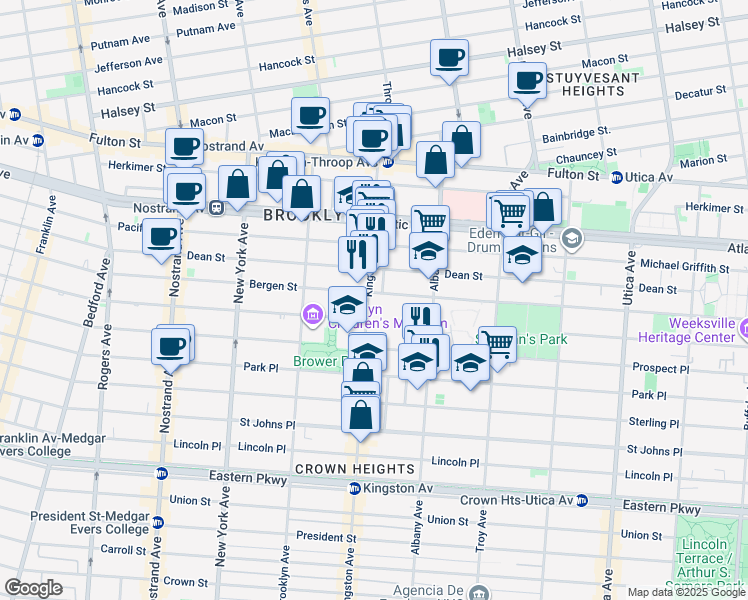 map of restaurants, bars, coffee shops, grocery stores, and more near 129 Kingston Avenue in Brooklyn