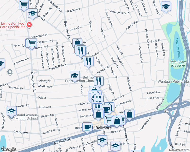 map of restaurants, bars, coffee shops, grocery stores, and more near 1973 Bellmore Avenue in North Bellmore