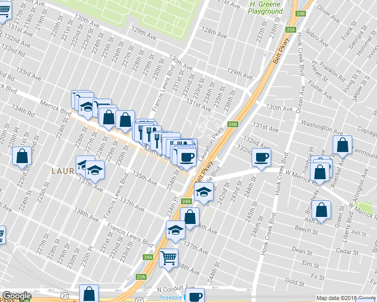 map of restaurants, bars, coffee shops, grocery stores, and more near 133-15 234th Street in Queens