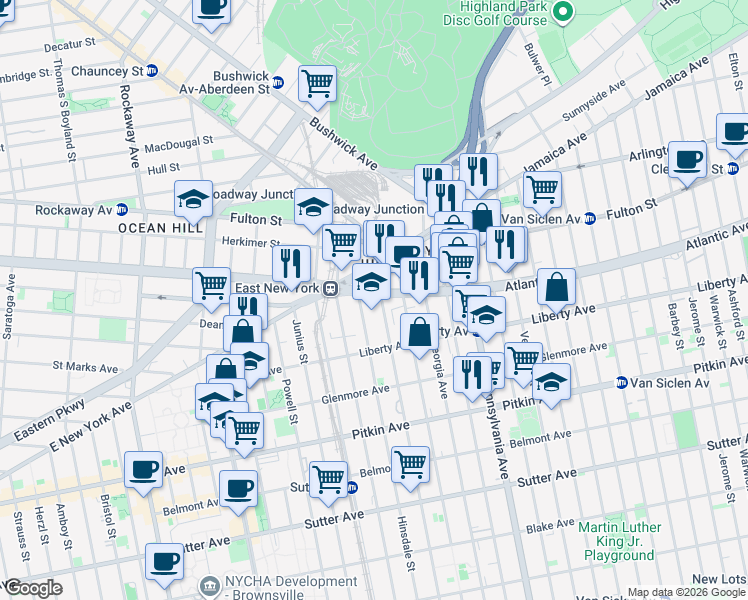 map of restaurants, bars, coffee shops, grocery stores, and more near 2550 Atlantic Avenue in Brooklyn