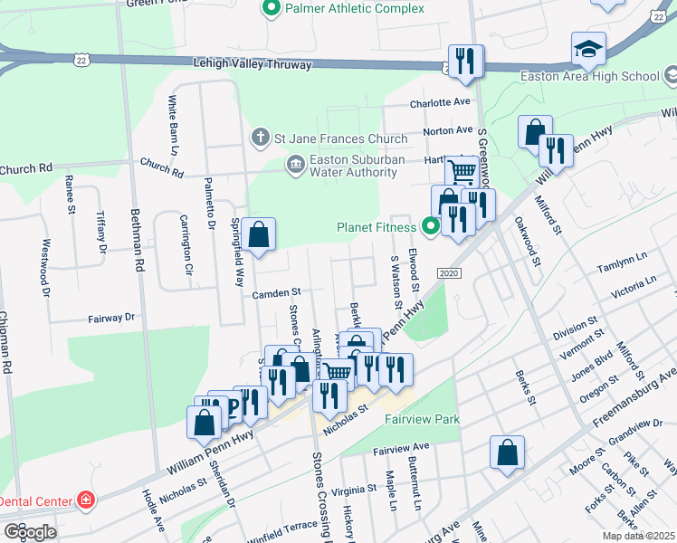 map of restaurants, bars, coffee shops, grocery stores, and more near 337 Avon St in Easton