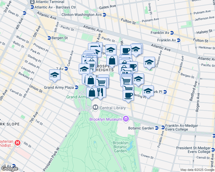 map of restaurants, bars, coffee shops, grocery stores, and more near 177 Underhill Avenue in Brooklyn