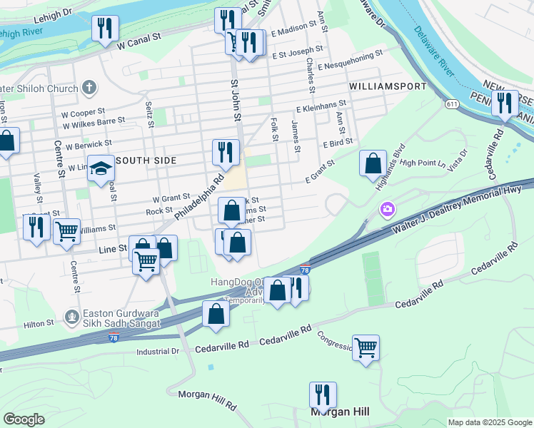 map of restaurants, bars, coffee shops, grocery stores, and more near 109 Palmer Street in Easton