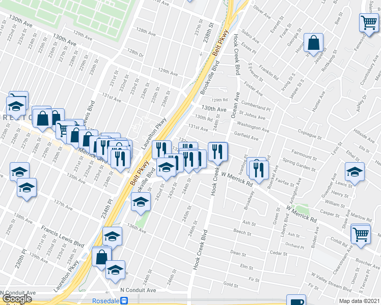 map of restaurants, bars, coffee shops, grocery stores, and more near 241-51 132nd Road in Queens