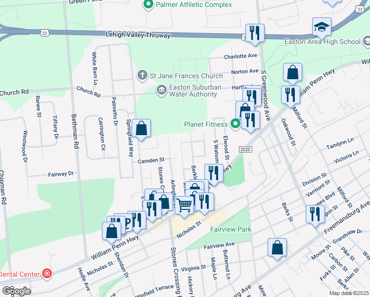 map of restaurants, bars, coffee shops, grocery stores, and more near 337 Avon St in Easton