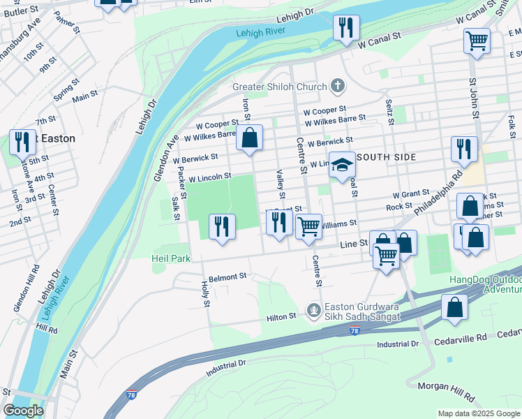 map of restaurants, bars, coffee shops, grocery stores, and more near 849 W Grant St in Easton