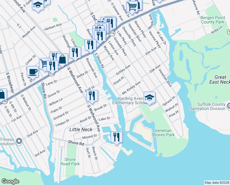 map of restaurants, bars, coffee shops, grocery stores, and more near 254 East Shore Road in Lindenhurst