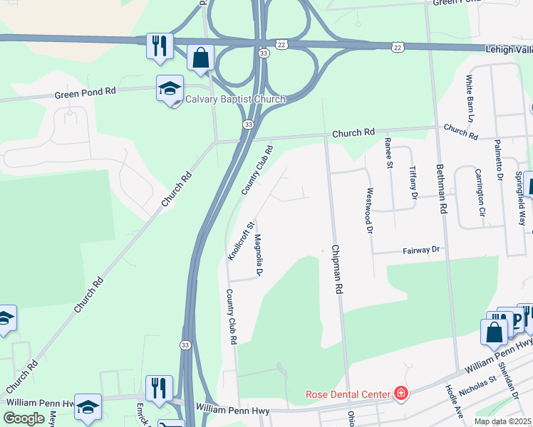 map of restaurants, bars, coffee shops, grocery stores, and more near 3704 Knollcroft Street in Easton