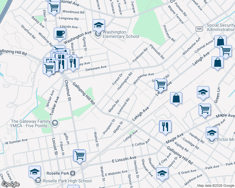 map of restaurants, bars, coffee shops, grocery stores, and more near 369 Huntington Road in Union