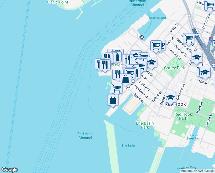 map of restaurants, bars, coffee shops, grocery stores, and more near 298 Conover Street in Brooklyn