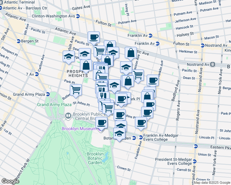 map of restaurants, bars, coffee shops, grocery stores, and more near 487 Park Place in Brooklyn