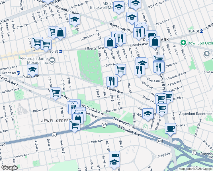 map of restaurants, bars, coffee shops, grocery stores, and more near 84-10 Sutter Avenue in Queens