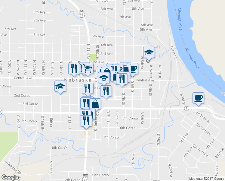 map of restaurants, bars, coffee shops, grocery stores, and more near 202 South 8th Street in Nebraska City
