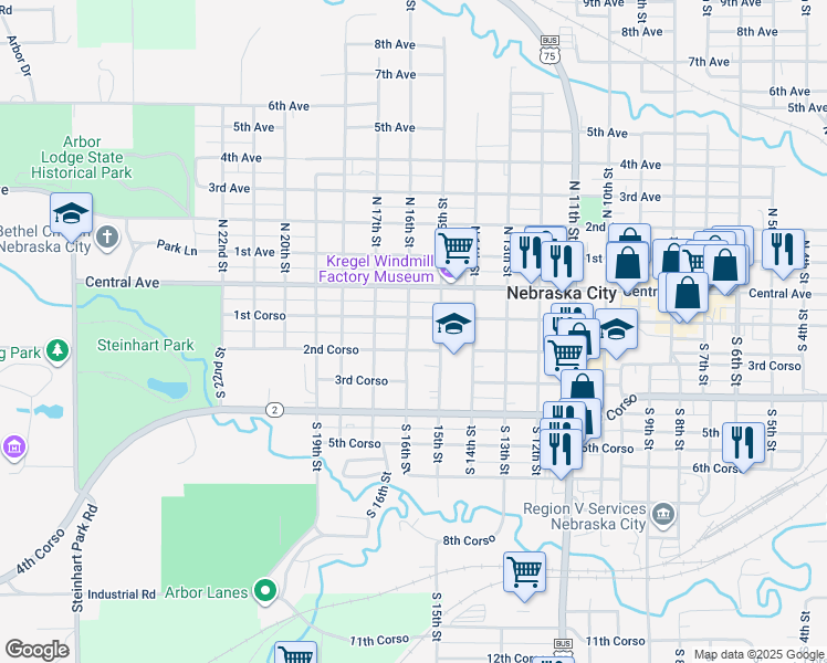 map of restaurants, bars, coffee shops, grocery stores, and more near 209 South 16th Street in Nebraska City