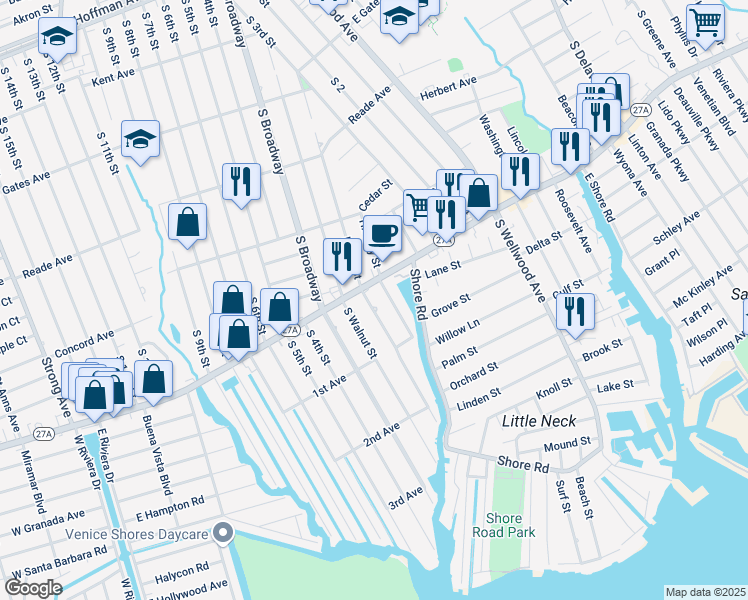 map of restaurants, bars, coffee shops, grocery stores, and more near 616 Pecan Street in Lindenhurst
