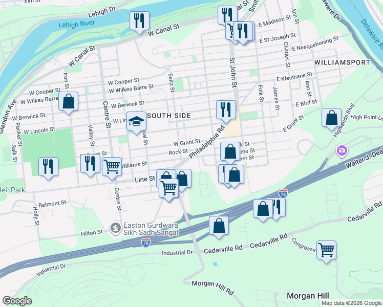 map of restaurants, bars, coffee shops, grocery stores, and more near 824 Seitz Street in Easton