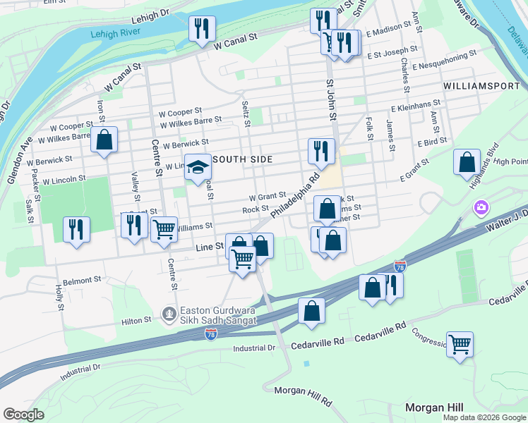 map of restaurants, bars, coffee shops, grocery stores, and more near 824 Seitz Street in Easton