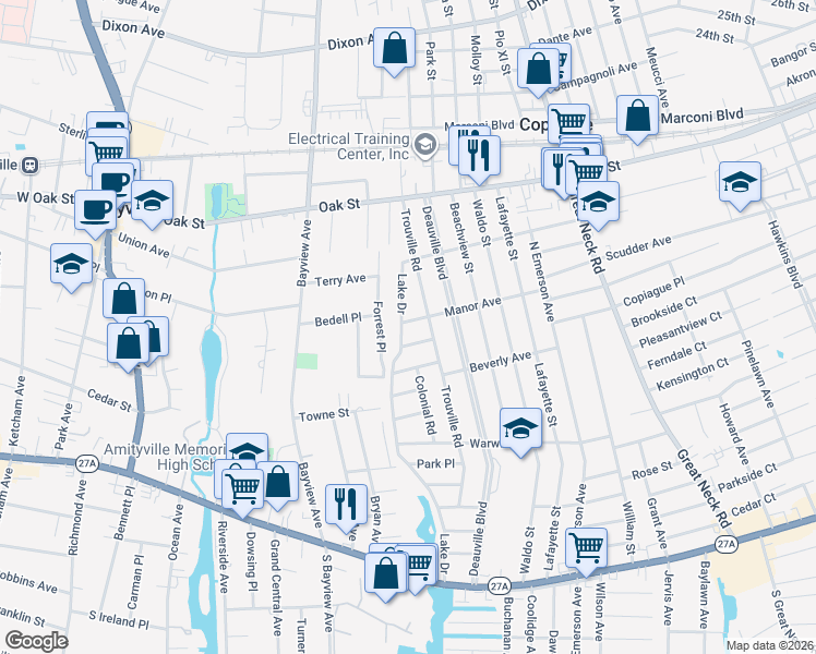 map of restaurants, bars, coffee shops, grocery stores, and more near 12 Manor Avenue in Copiague