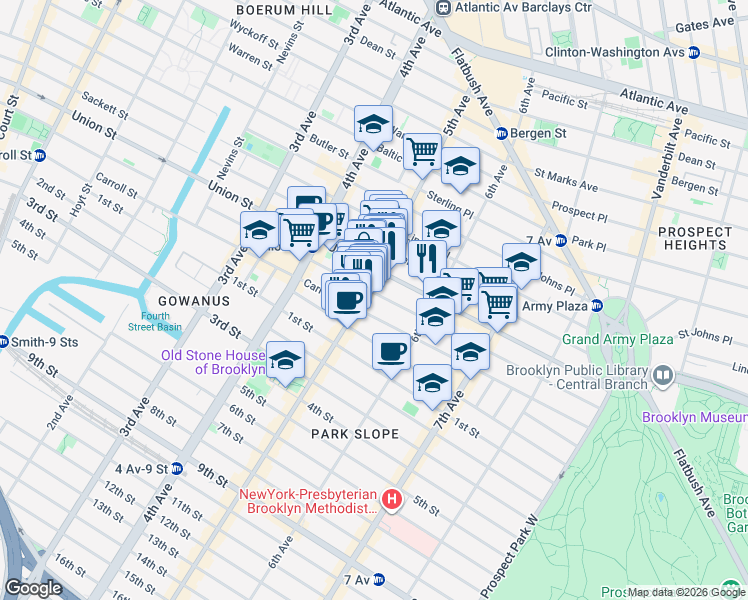 map of restaurants, bars, coffee shops, grocery stores, and more near 670 President Street in Brooklyn
