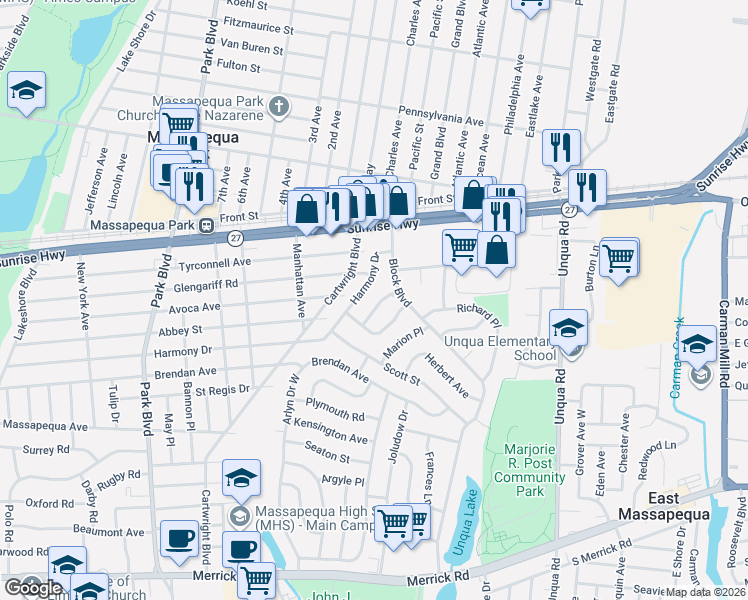 map of restaurants, bars, coffee shops, grocery stores, and more near 9 Nevin Terrace in Massapequa Park