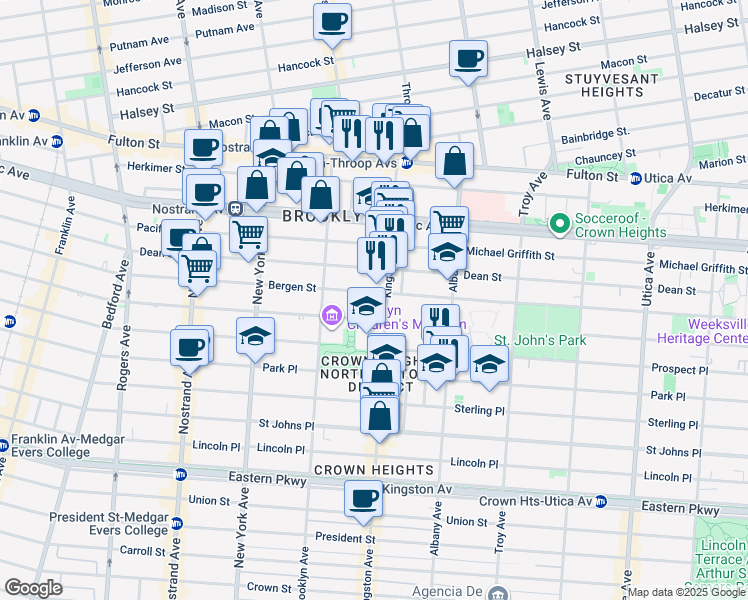 map of restaurants, bars, coffee shops, grocery stores, and more near 1296 Bergen Street in Brooklyn