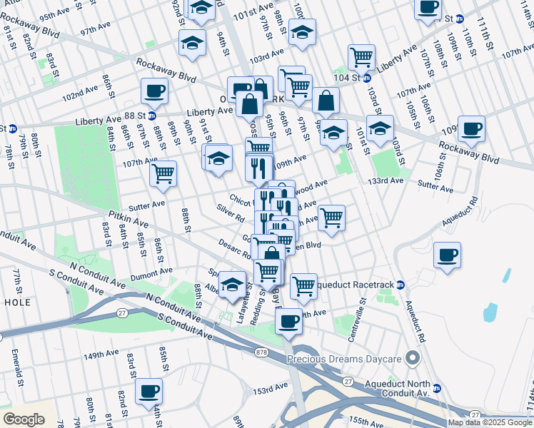 map of restaurants, bars, coffee shops, grocery stores, and more near 132-48 Cross Bay Boulevard in Queens