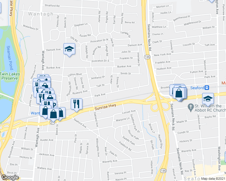 map of restaurants, bars, coffee shops, grocery stores, and more near 1889 Jane Street in Wantagh