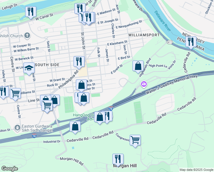 map of restaurants, bars, coffee shops, grocery stores, and more near 119 Reese Street in Easton