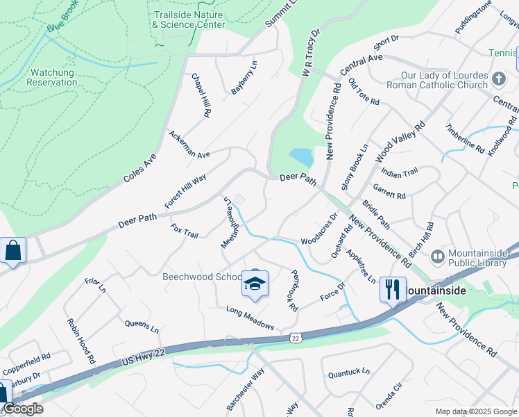 map of restaurants, bars, coffee shops, grocery stores, and more near 303 Partridge Run in Mountainside