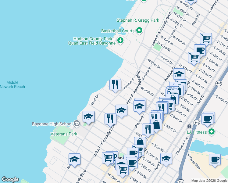 map of restaurants, bars, coffee shops, grocery stores, and more near 154 West 33rd Street in Bayonne
