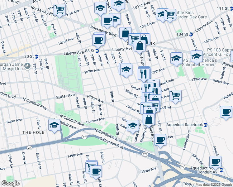 map of restaurants, bars, coffee shops, grocery stores, and more near 132-24 89th Street in Queens