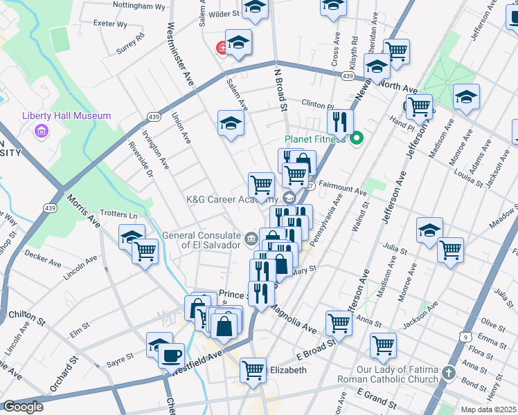 map of restaurants, bars, coffee shops, grocery stores, and more near 552 Westminster Avenue in Elizabeth