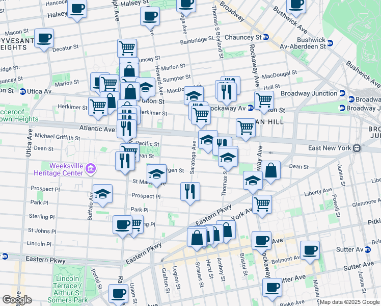map of restaurants, bars, coffee shops, grocery stores, and more near 296 Saratoga Avenue in Brooklyn