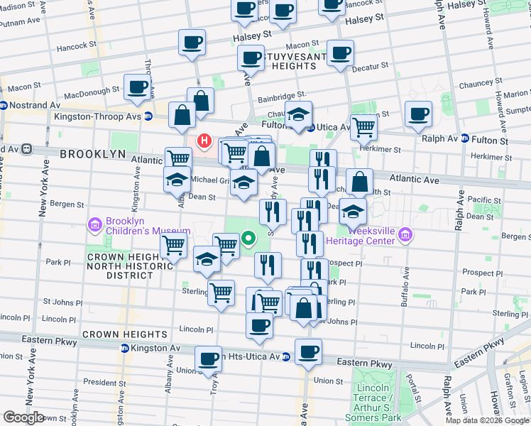 map of restaurants, bars, coffee shops, grocery stores, and more near 112 Schenectady Avenue in Brooklyn