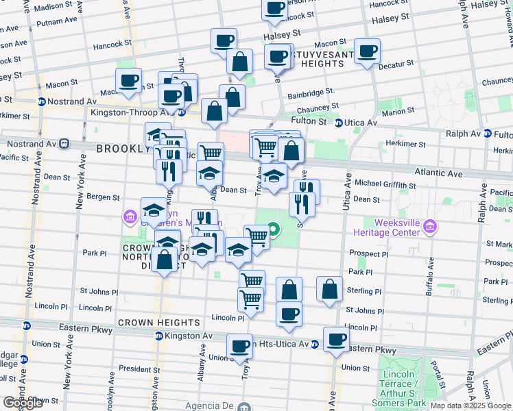map of restaurants, bars, coffee shops, grocery stores, and more near 126 Troy Avenue in Brooklyn