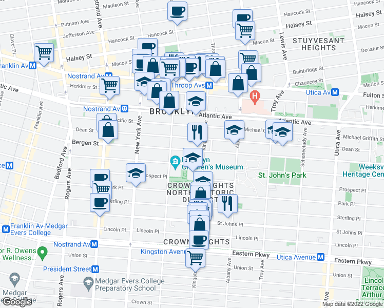 map of restaurants, bars, coffee shops, grocery stores, and more near 1286 Bergen Street in Brooklyn
