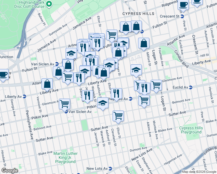 map of restaurants, bars, coffee shops, grocery stores, and more near 332 Elton Street in Brooklyn