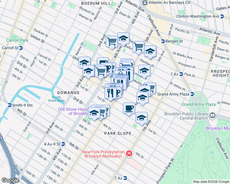 map of restaurants, bars, coffee shops, grocery stores, and more near 212 5th Avenue in Brooklyn