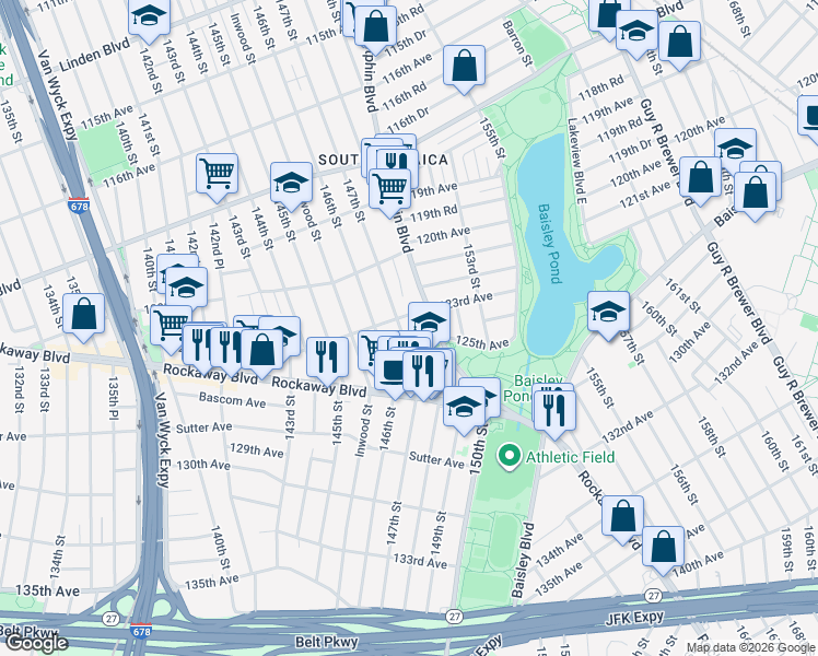 map of restaurants, bars, coffee shops, grocery stores, and more near 123-11 147th Street in Queens