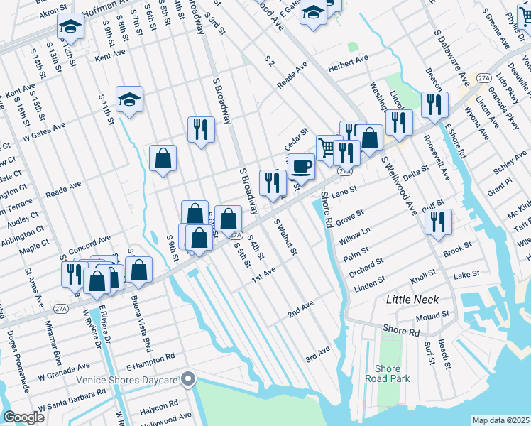 map of restaurants, bars, coffee shops, grocery stores, and more near 330 New York 27A in Lindenhurst