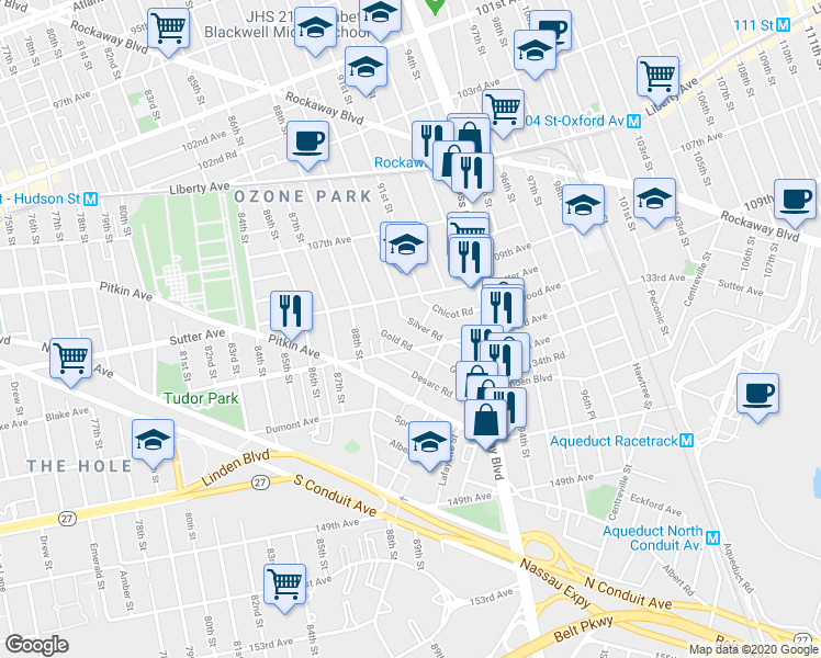 map of restaurants, bars, coffee shops, grocery stores, and more near 90-14 Silver Road in Queens