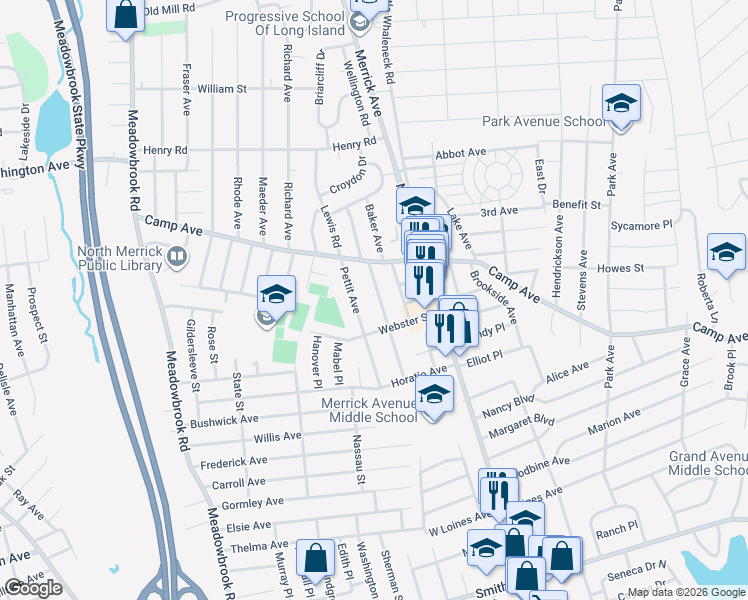 map of restaurants, bars, coffee shops, grocery stores, and more near 1732 Remson Avenue in Merrick