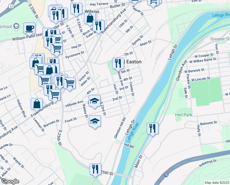 map of restaurants, bars, coffee shops, grocery stores, and more near 2200 3rd Street in Easton