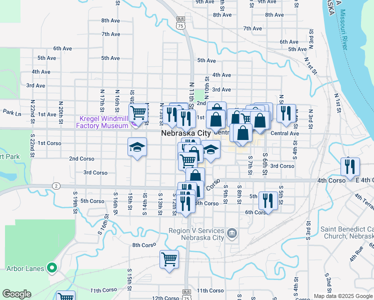 map of restaurants, bars, coffee shops, grocery stores, and more near 204 South 11th Street in Nebraska City