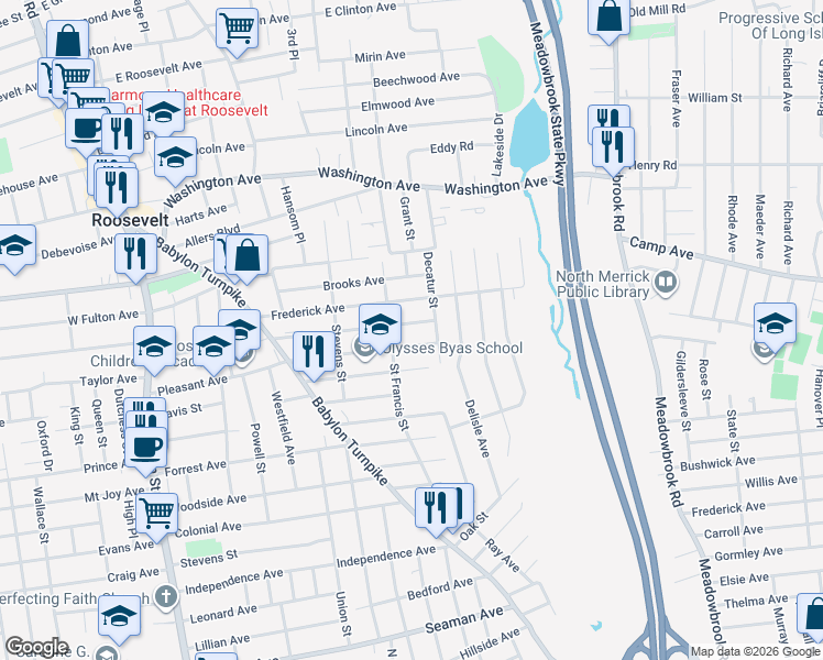 map of restaurants, bars, coffee shops, grocery stores, and more near 130 Gormley Avenue in Roosevelt