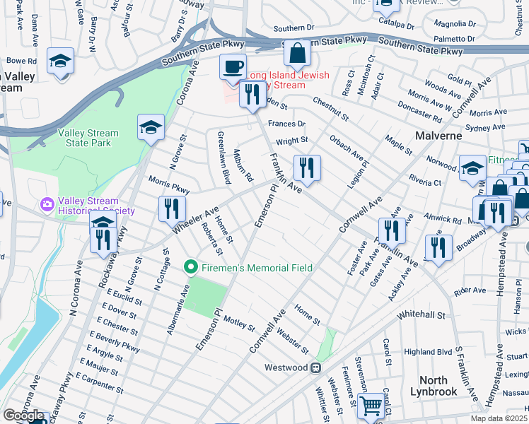 map of restaurants, bars, coffee shops, grocery stores, and more near 441 Emerson Place in Valley Stream