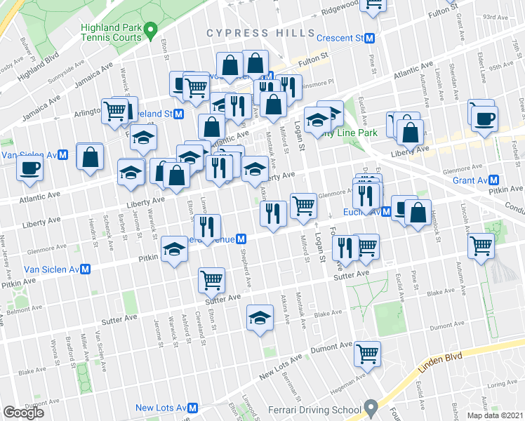 map of restaurants, bars, coffee shops, grocery stores, and more near 836 Glenmore Avenue in Brooklyn